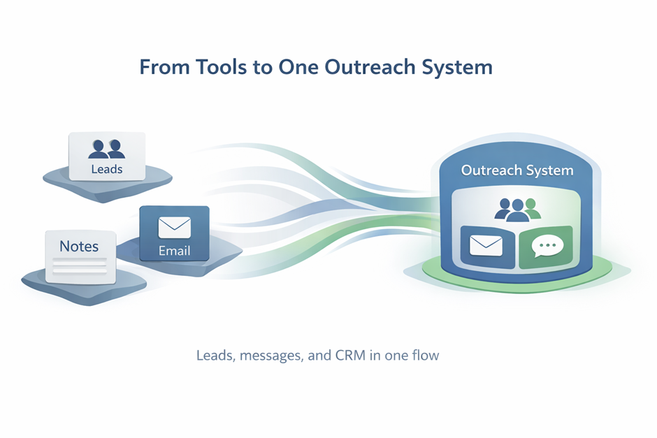 Illustration showing separate sales tools like leads, email, and notes merging into one unified outreach system