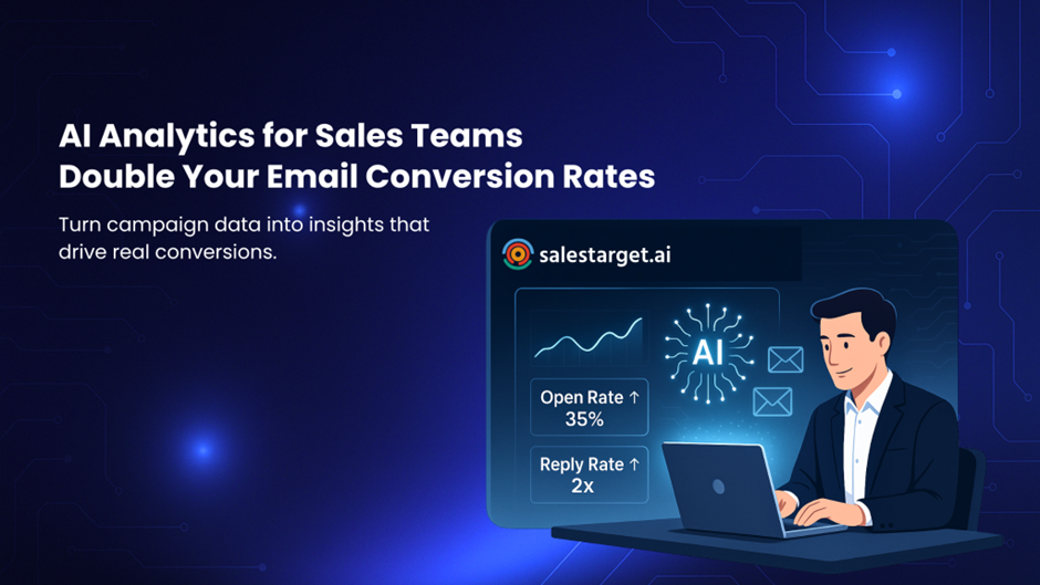 Sales professional using AI analytics dashboard on laptop to improve email open and reply rates with SalesTarget.ai platform.