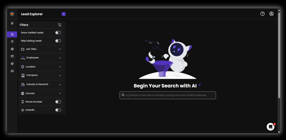 SalesTarget.ai Lead Explorer dashboard with filter options for job titles, location, industry, domain, and verified leads.