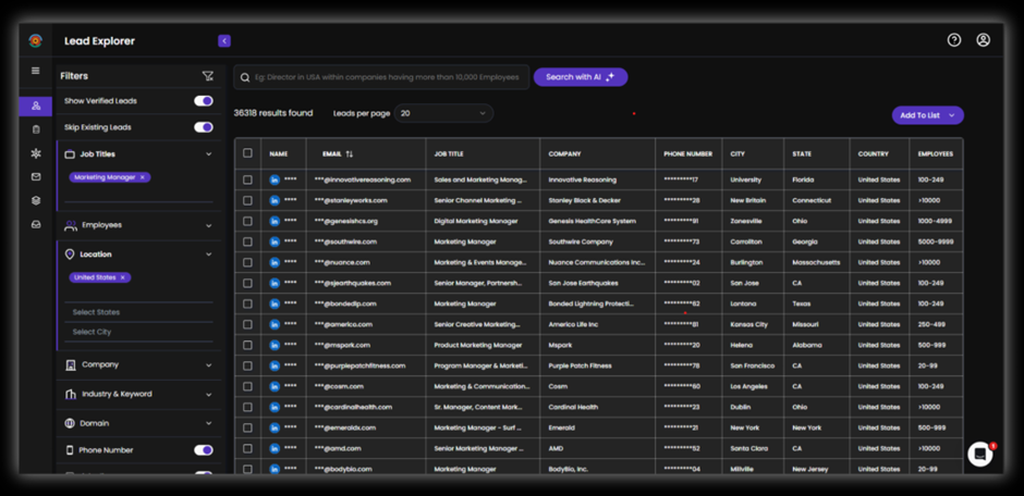 Search results inside SalesTarget.ai Lead Explorer showing a list of verified B2B leads with emails, job titles, companies, and LinkedIn profiles.