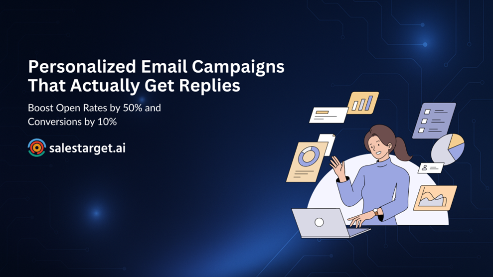 Personalized email campaigns illustration with open rate and conversion stats. SalesTarget.ai branding with visual analytics and charts.