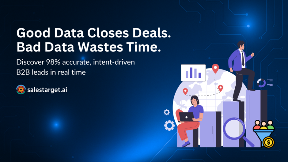 SalesTarget.ai ad banner showing verified B2B data in action — professionals using laptops with charts, maps, and lead tracking icons for accurate sales outreach