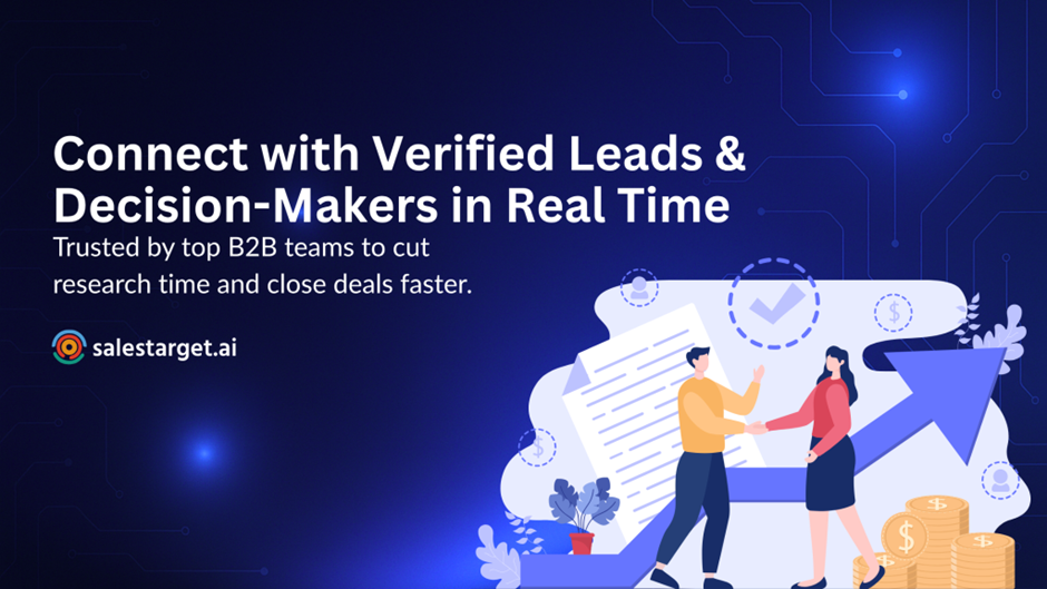 Illustration of two business professionals shaking hands beside large documents, coins, and an upward arrow, with text promoting SalesTarget.ai for connecting with verified leads and decision-makers in real time.