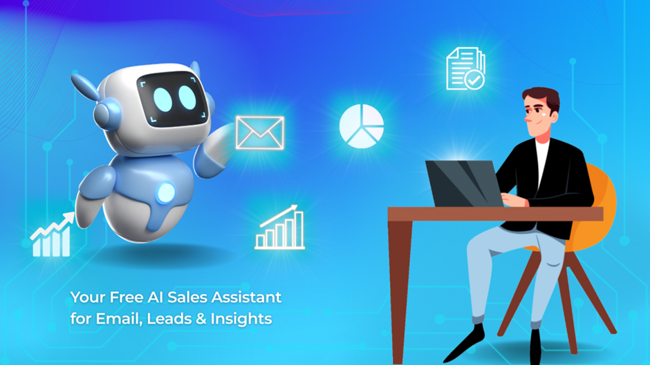 3D AI robot assistant flying towards a business professional at a laptop, surrounded by icons for email, analytics, and growth — representing Copilot in SalesTarget.ai for email, leads, and insights.