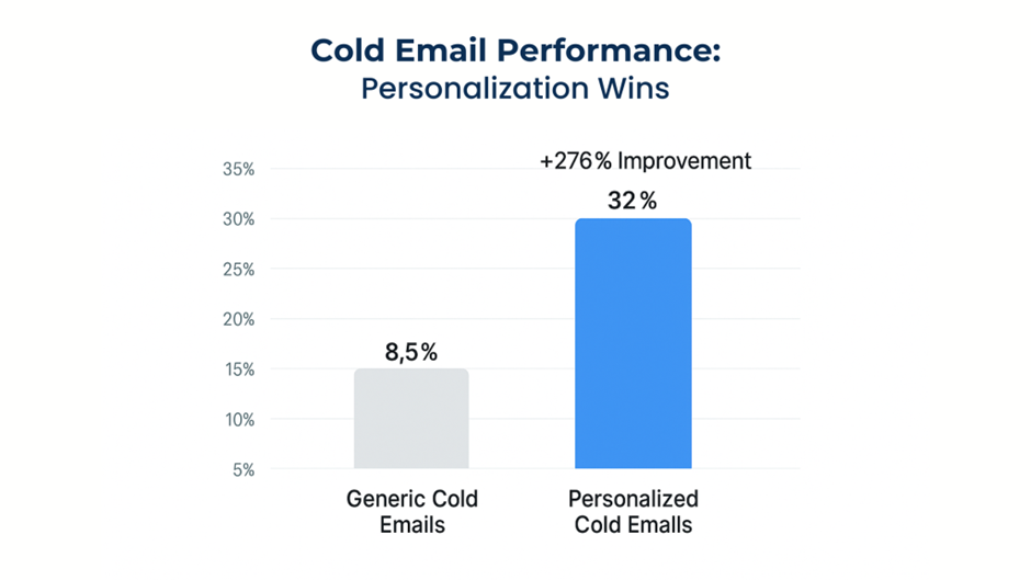 Bar chart comparing generic cold emails (8.5% response rate) and personalized cold emails (32% response rate), showing a +276% improvement.