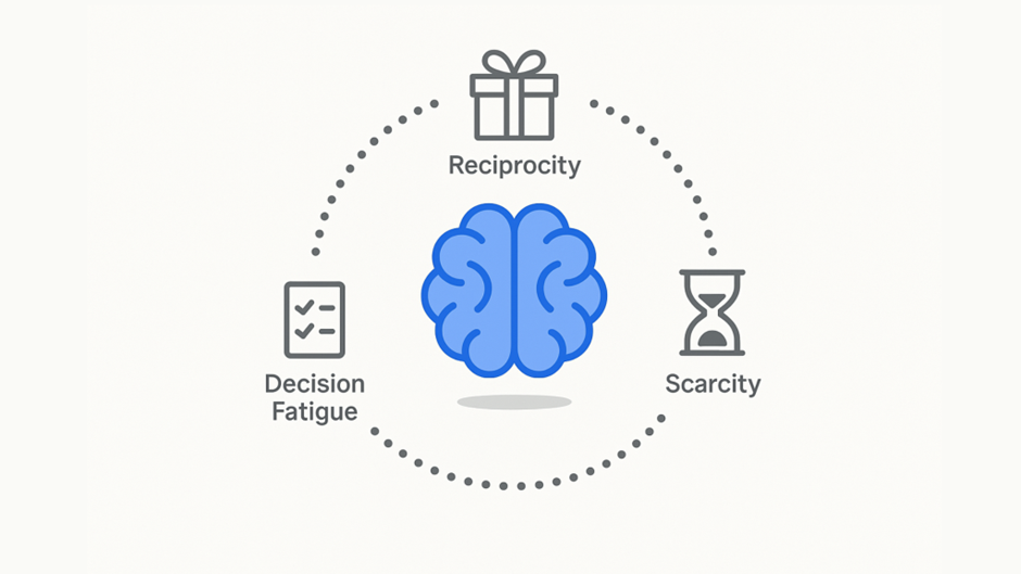 Illustration showing how cognitive biases — reciprocity, scarcity, and decision fatigue — influence cold email responses.