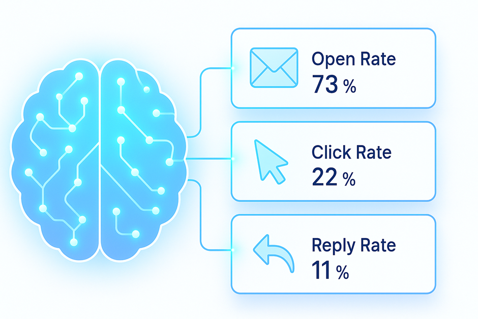 AI brain graphic analyzing email metrics: 73% open rate, 22% click rate, and 11% reply rate, symbolizing behavioral tracking.