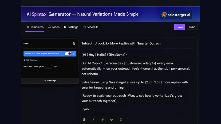 AI Spintax Generator adding natural text variations for personalized cold emails.